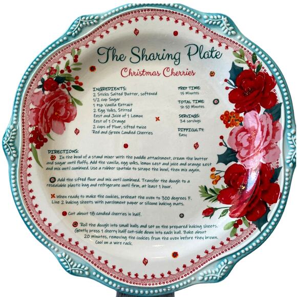 PIONEER WOMAN Cheerful Rose 12" Holiday Cookie Sharing Plate Platter Recipe Teal - Picture 2 of 10